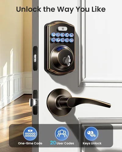 Miniatura 2 de Veise Cerradura de puerta de entrada sin llave con 2 manijas de palanca, cerrojo de seguridad electrónico, fácil instalación, juego de cerradura