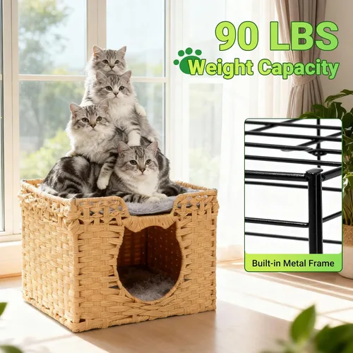 Miniatura 6 de Cueva de ratán tejida a mano para gatos con dos cojines, camas para gatos, casa de gatitos interior, impermeable y plegable, color blanco, 16.5