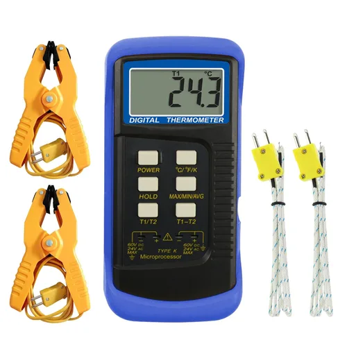 Termómetro de termopar tipo K (-50 ~ 2,372.0 °F), medidor de temperatura digital de doble canal con 2 abrazaderas de temperatura y sensores de sonda