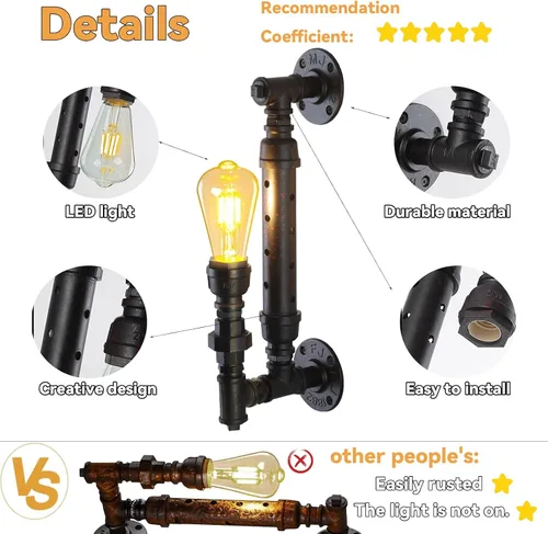 Miniatura 4 de Juego de 2 apliques de pared antiguos de granja, estilo rústico, vintage, steampunk, para tubería de agua, E26, lámpara de montaje en pared
