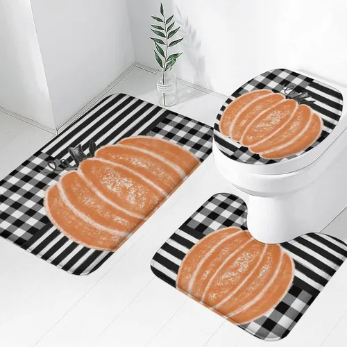 Miniatura 8 de Juego de 3 alfombras de baño de calabaza de otoño con diseño de búfalo naranja, hojas de arce, cosecha de Acción de Gracias, suave, antideslizante