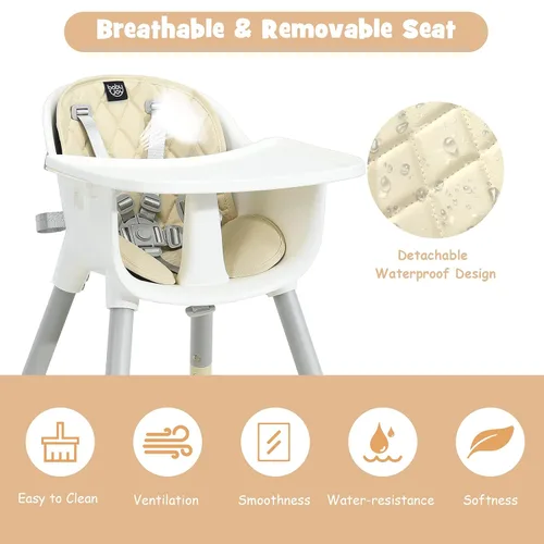 Miniatura 4 de BABY JOY Silla Alta, Trona Convertible 5 en 1 para Bebés y Niños Pequeños Asiento Elevador Juego de Mesa y Silla Silla de Alimentación Beige