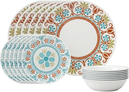 Corelle Terracotta Dreams - Juego de vajilla para 6 platos llanos de 18 piezas, platos de aperitivo y cuencos de 18 onzas, apto para lavavajillas,