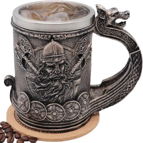 Miniatura 8 de Jarra de barril de madera Stein Tankard, Taza de acero inoxidable con asa, decoración nórdica vikinga mitológica poética gótica para fiestas