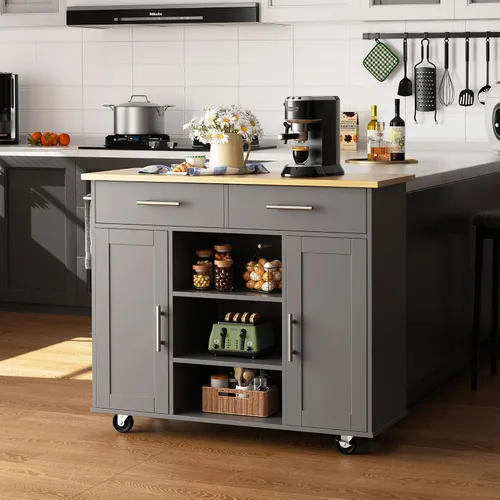 Miniatura 20 de Shintenchi Carrito de isla de cocina con almacenamiento, armario de bar portátil sobre ruedas, mesa auxiliar de carrito de microondas con estación