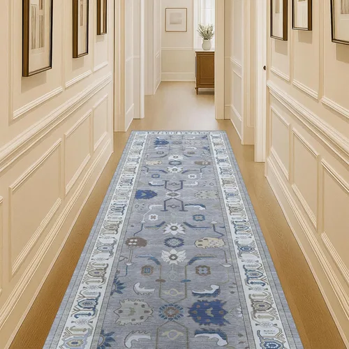 Miniatura 11 de Fame Living Alfombra Oushak Crema Azul, Alfombras Pequeñas Modernas, Vintage, Turca, Ecléctica, Floral, Pastel, Lavable, Tapete para Puerta, Felpudo