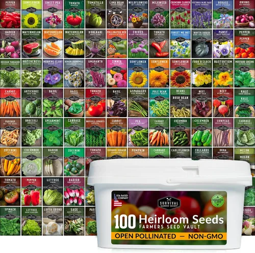 Survival Farmer Seed Vault - Paquete de 100 semillas de verduras tradicionales para plantar, verduras, frutas y hierbas sin OMG, kit sellado para