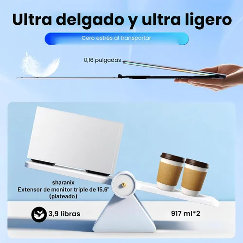 Miniatura 3 de Extensor de pantalla para laptop, monitor portátil triple FHD 1080P de 14 pulgadas para portátiles, base elástica y pantalla desmontable, Plug &