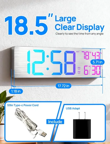 Miniatura 2 de MASHI Reloj de pared digital grande de 18.5", con control remoto, doble alarma con gran pantalla LED, 10 niveles de brillo ajustable, DST, fecha