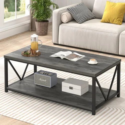 EXCEFUR Mesa auxiliar, mesa de sala de estar de madera rústica y metal, mesa central rectangular industrial con estante de almacenamiento, 47 Gris