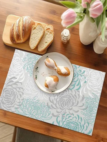 Miniatura 4 de Juego de 4 manteles individuales para mesa de comedor, diseño de crisantemo, color aguamarina, lino de algodón, impermeable, fácil de limpiar
