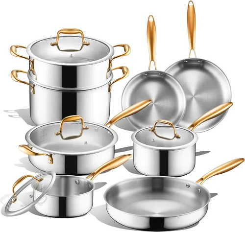 Miniatura 9 de Juego de utensilios de cocina de acero inoxidable de 3 capas de 11 piezas con tapas, ollas y sartenes, no tóxico, inducción, horno, apto