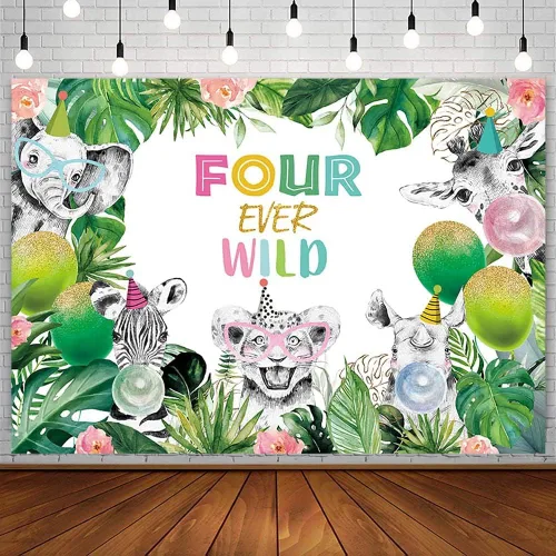 AIBIIN Telón de fondo de fotografía de cumpleaños de cuatro siempre salvajes de 7 x 5 pies para niños, selva, safari, bosque, animales tropicales,