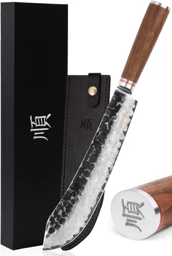Miniatura 10 de YOUSUNLONG Cuchillo de carnicero japonés martillado de acero de Damasco de 8 pulgadas, mango de madera de nogal natural