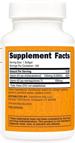 Miniatura 4 de TransformHQ Vitamina K2 (MK7) (100 mcg) + vitamina D3 (5000 UI) 120 cápsulas blandas, sin gluten y sin OMG