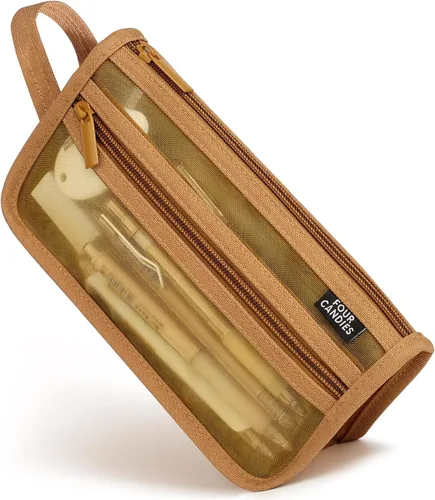 Four Candies - Estuche de malla con asa y cremallera, de doble capa para lápices, maquillaje de viaje, bonita bolsa organizadora de papelería, Marrón