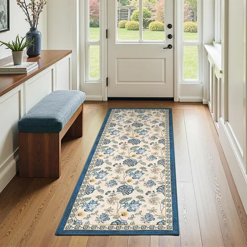 Miniatura 162 de Jinchan Fiora - Alfombra redonda de 8 pies, alfombras vintage con diseño floral envejecido, lavable a máquina, antideslizante, de pelo bajo, Azul