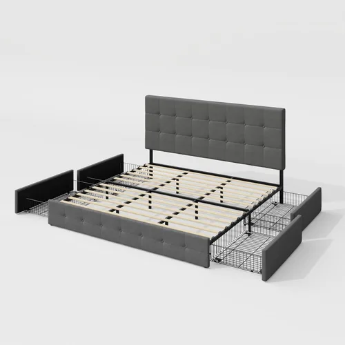 Miniatura 9 de Allewie - Base de cama con plataforma de tamaño King totalmente tapizada, con 4 cajones de almacenamiento y cabecera, diseño cosido en cuadrados