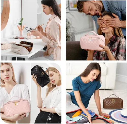 Miniatura 7 de Bolsas de maquillaje a cuadros de gran capacidad, bolsas de cosméticos portátiles de viaje, bolsa de aseo abierta y plana para mujeres y niñas