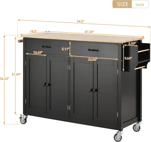 Miniatura 8 de Merax Carrito móvil de isla de cocina con tapa de madera y ruedas de bloqueo, armarios de 4 puertas y 2 cajones, estante para especias y toallas
