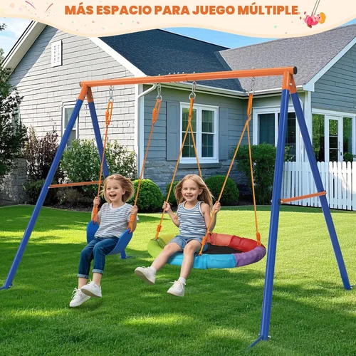 Miniatura 2 de Amictoy Juego de columpios para patio trasero con soporte, juego de metal resistente con marco en A de 440 libras con columpio de platillo de 32