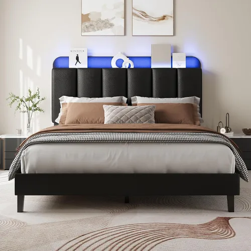 Miniatura 10 de BarnFurin Base de cama individual con luces LED, plataforma tapizada con cabecera de almacenamiento, marco de cama individual, sin ruido,