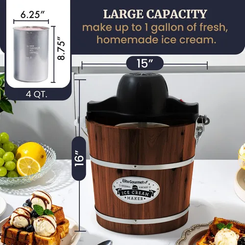 Miniatura 8 de Elite Gourmet EIM418 Máquina para hacer helados eléctrica con cubeta de nogal vintage de 4 cuartos estilo antiguo, utiliza hielo y sal de roca