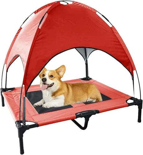 Miniatura 9 de Cama elevada impermeable para perros con toldo y malla de refrigeración – Cuna elevada portátil para perros grandes, tienda de campaña para Gris