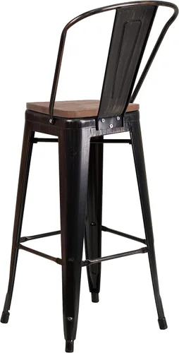 Miniatura 8 de Merrick Lane Amsterdam Taburete de bar – Silla de bar de metal negro antiguo con asiento de madera – Taburete de cocina con respaldo curvado