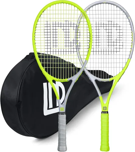 Miniatura 8 de Raqueta de tenis para adultos, paquete de 2 raquetas de tenis duraderas de 27 pulgadas, ligera, preencordada y regrip, adecuada para principiantes a