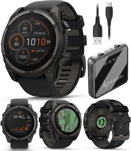 Miniatura 9 de Garmin Fenix 8 – 2 pulgadas, reloj inteligente multideporte GPS AMOLED, zafiro, titanio con banda de silicona naranja brillante/grafito, linterna