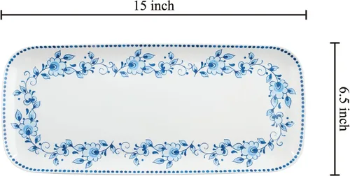 Miniatura 2 de UP ware - Bandeja de servir de melamina floral azul y blanca, bandeja rectangular de 15 x 6.5 pulgadas, bandeja de alimentos sin BPA