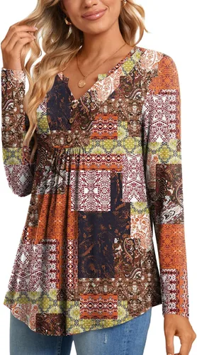 Miniatura 3 de CATHY Blusa tipo túnica de manga larga para mujer, cuello en V, con botones, informal, plisada, básica