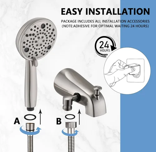 Miniatura 7 de Caño de bañera deslizante con desviador, ducha de mano de alta presión, 8 ajustes, grifo de bañera de metal con rociador, níquel cepillado