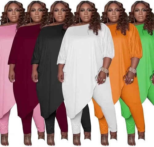 Miniatura 5 de Huasemy Trajes de talla grande para mujer trajes deportivos de manga larga con hombros inclinados tops asimétricos pantalones ajustados conjuntos