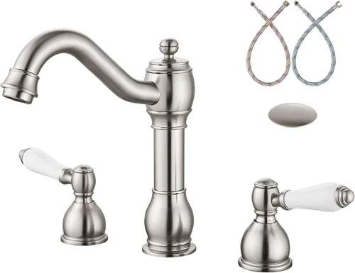 Miniatura 11 de Aolemi Grifo mezclador de lavabo de baño de 8 pulgadas, 3 agujeros, montaje en cubierta, con montaje de drenaje emergente, mango de doble palanca