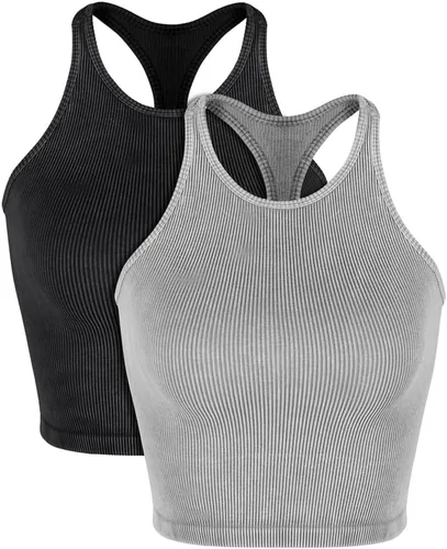 ODODOS - Camiseta corta sin mangas, camisola con tejido acanalado, sin costuras, para mujer, paquete de 3unidades