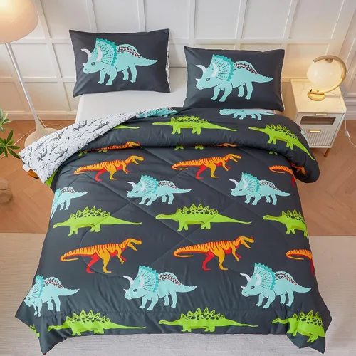 RYNGHIPY Juego de ropa de cama de dinosaurio - Juego de edredón tamaño Queen para chicos y chicas - Juego de cama de dinosaurio suave, transpirable,
