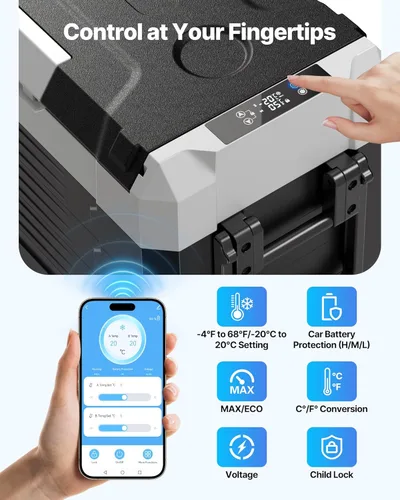 Miniatura 6 de VEVOR Refrigerador de automóvil, DC 12/24V AC100-240V, enfriador eléctrico de -4 °F a 68 °F con control de aplicación, ruedas y zona doble