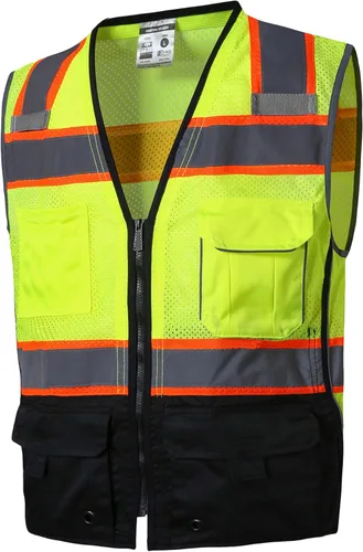 SKSAFETY Chaleco de seguridad profesional de 10 bolsillos, Clase 2 de alta visibilidad con cremallera, Hi Vis con tiras reflectantes, estándar