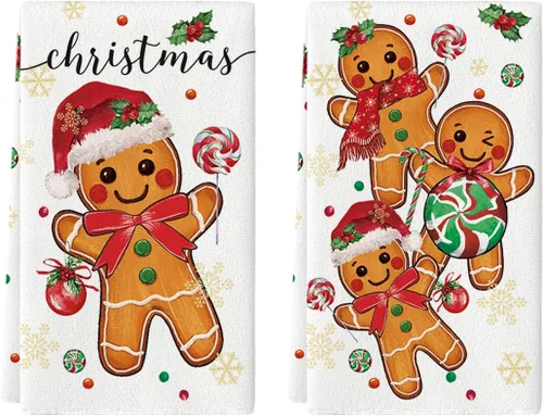 Artoid Mode Juego de 2 toallas de cocina de Navidad con caramelo de jengibre, 18 x 26 pulgadas, bola de Navidad, decoración de invierno, toallas de