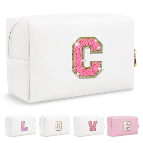 Miniatura 423 de Pequeña bolsa de maquillaje personalizada con inicial A-Z Preppy Patch, bolsa de cosméticos de viaje de felpilla blanca con cremallera, bonita bolsa