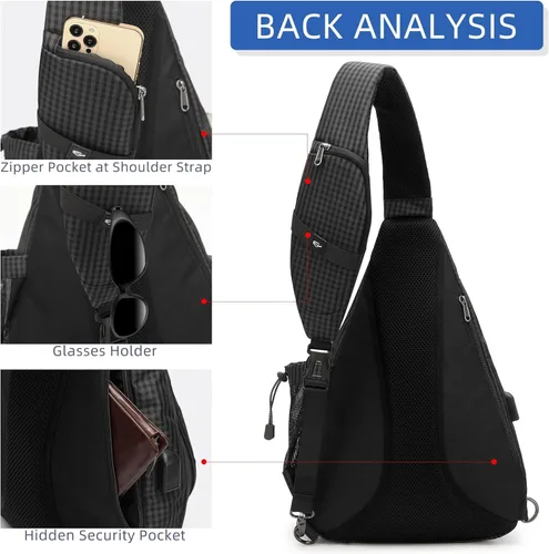 Miniatura 6 de TurnWay - Bolsa bandolera impermeable, bolsa cruzada, bolsa al hombro, con puerto de carga USB para viajes, senderismo, ciclismo, campamento Negro