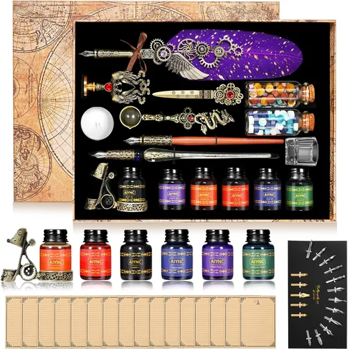 Miniatura 9 de Juego de pluma estilográfica y tinta, con pluma estilográfica, pluma de madera, pluma de vidrio, 6 botellas de tinta, papel de 16 letras, 2 sobres