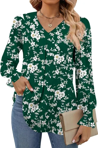 Miniatura 7 de Funlingo Blusas de mujer con mangas largas 2025, elegantes y casuales, con cuello en V, túnica suelta de gasa para el trabajo