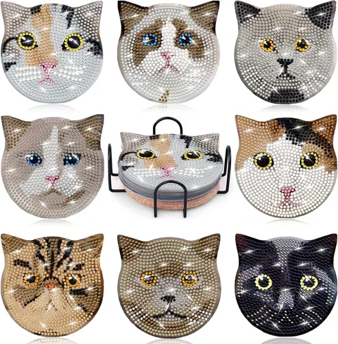 Billbotk Kit de 8 Piezas de Posavasos de Pintura de Diamante con Soporte, Posavasos de Arte de Diamante, Proyectos de Artesanía de Diamante DIY,