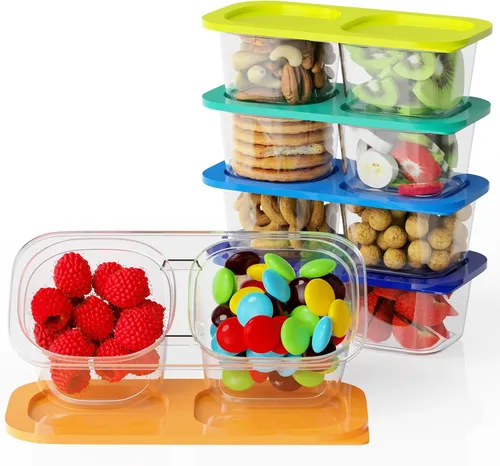 Miniatura 12 de Paquete de 10 recipientes reutilizables para aperitivos con tapas, 2 compartimentos, caja pequeña de aperitivos Bento, sin BPA, accesorios
