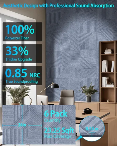 Miniatura 6 de Paquete de 6 paneles acústicos de pared autoadhesivos, 23.6 x 23.6 x 0.5 pulgadas, paneles acústicos decorativos, paneles de pared insonorizados