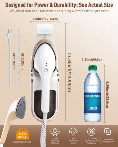 Miniatura 6 de Vaporizador 3 en 1 para ropa, 1500 W a prueba de fugas, 11.2 fl oz 1500W, 30s Fast Heat-Up. Includes Heat-Resistant Glove & Brush. For Home &