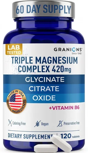 Granions Complejo triple de magnesio + vitamina B6-420 mg de óxido de citrato de gylcinato de magnesio elemental, fabricado en Estados Unidos,